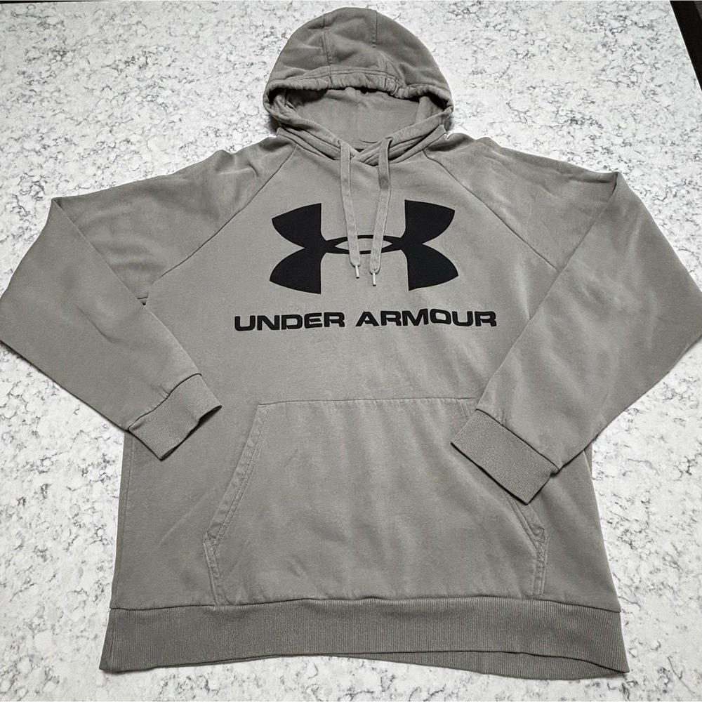 Under Armour Men's Large Rival Fleece Hoodie Gray Big Logo Pullover Sweatshirt